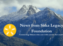 Mountain scene near Sitka, AK with news title and logo