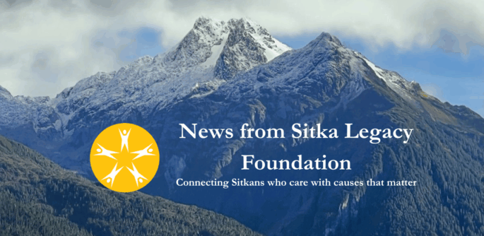 Mountain scene near Sitka, AK with news title and logo